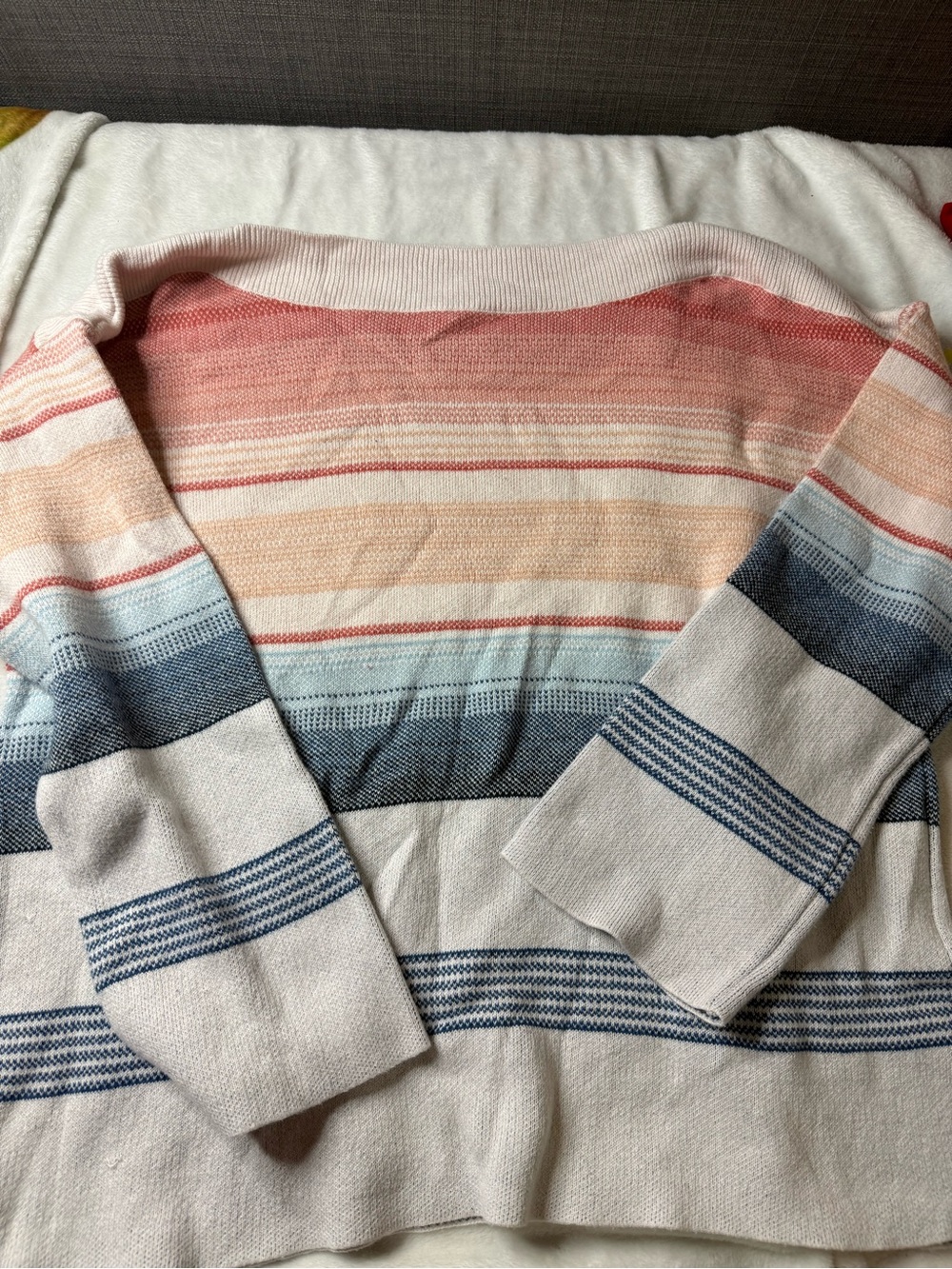 JohnPaulRichard Off-the-Shoulder Striped Sweater in Coral, Peach, Blue and Cream
